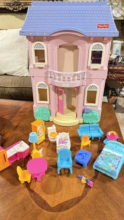 1990’s Vintage Fisher-Price Loving Family Grand Dollhouse With Doll Furniture 