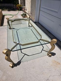 Hollywood Regency Brass Scroll-Leg Glass Coffee Table — 64" x 35"