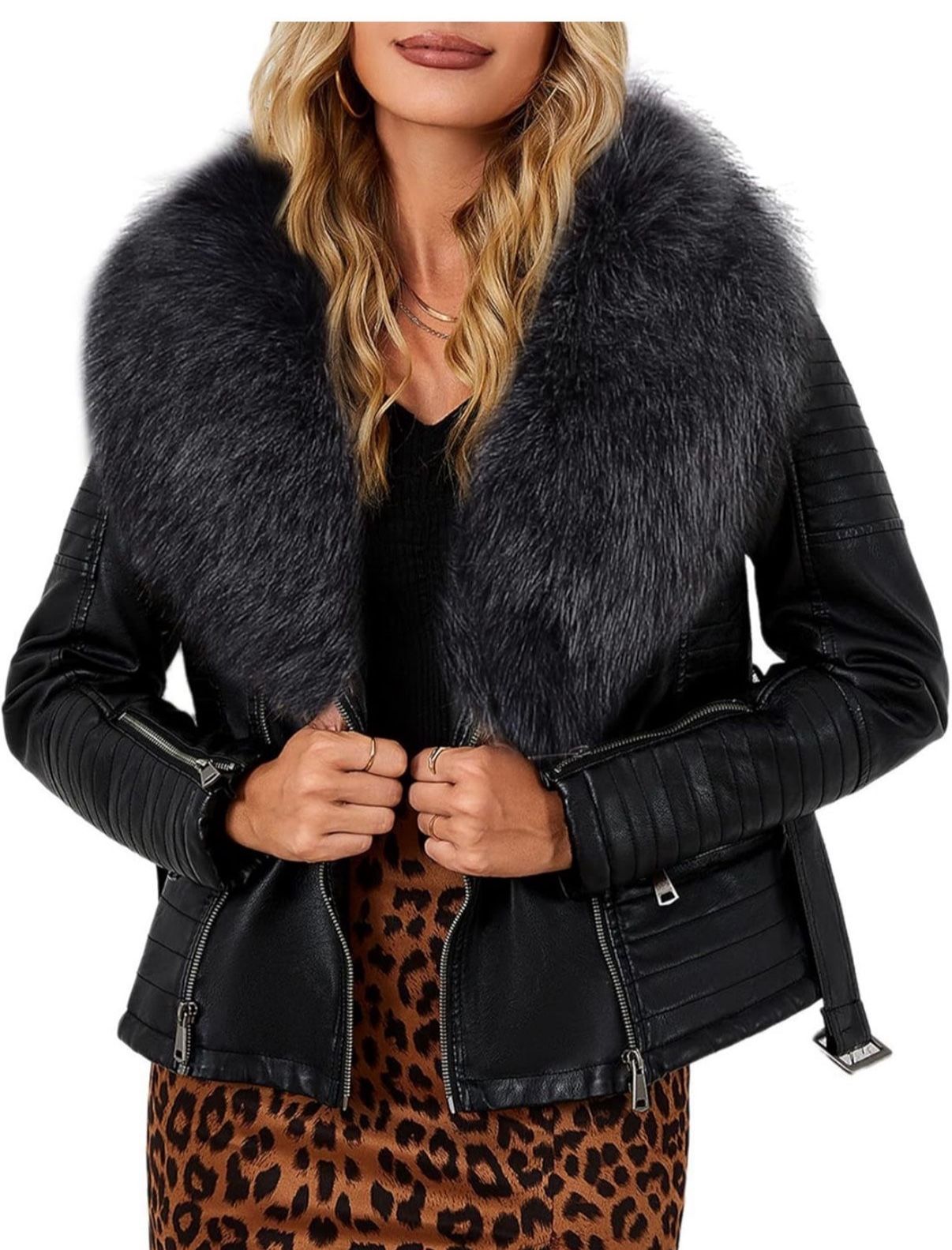 Never Work Size Small  Black Women's Faux Leather Jacket Moto Biker Sherpa-Lined Coat with Removable Fur Collar