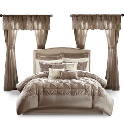 Madison Park Essentials Room in a Bag Faux Silk Comforter Set - Luxe Diamond Tufting All Season Bedding, Matching Curtains, Decorative Pillows, Taupe 