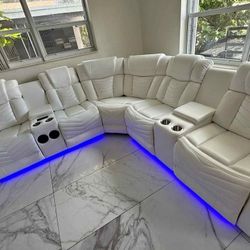 Recliner Sectional Sofa White Led Lights New With Speakers And Usb 