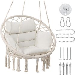 Hammock Chair Swing Chair with Boho, Macrame Hanging Chair for Bedroom, Indoor, Outdoor, Balcony, Porch, Beige
