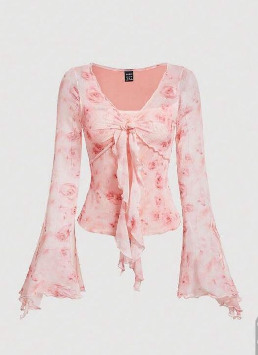 Women's Floral Print Bell Sleeve Tie Front Mesh Blouse *New*