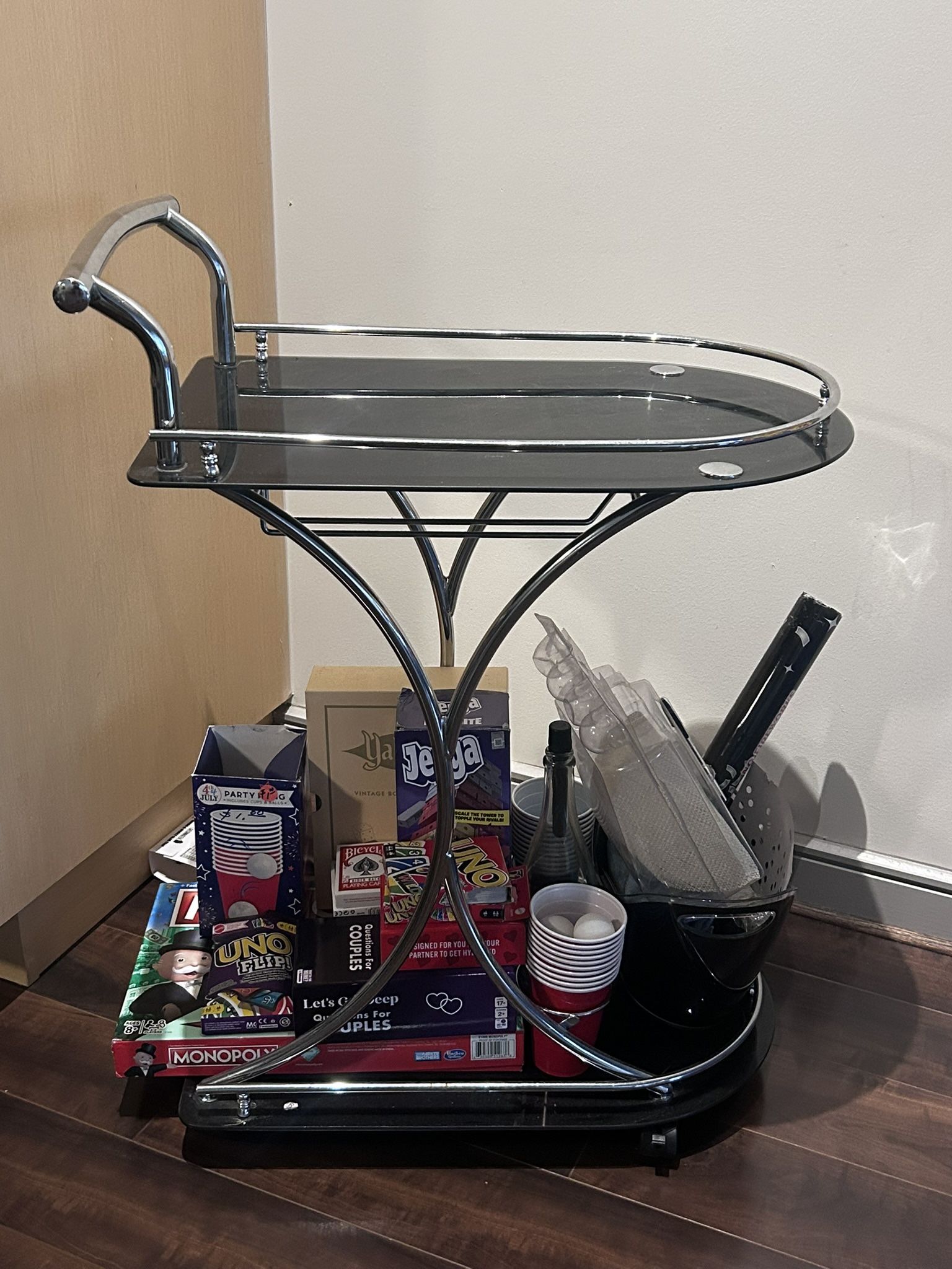 2-Tier Glass Shelf Metal Bar Cart Black and Chrome