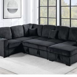 $650. 4Piece Convertible Sectional  Sleeper Sofa ,Chaise Storage ,Sofa Storage & USB Ports