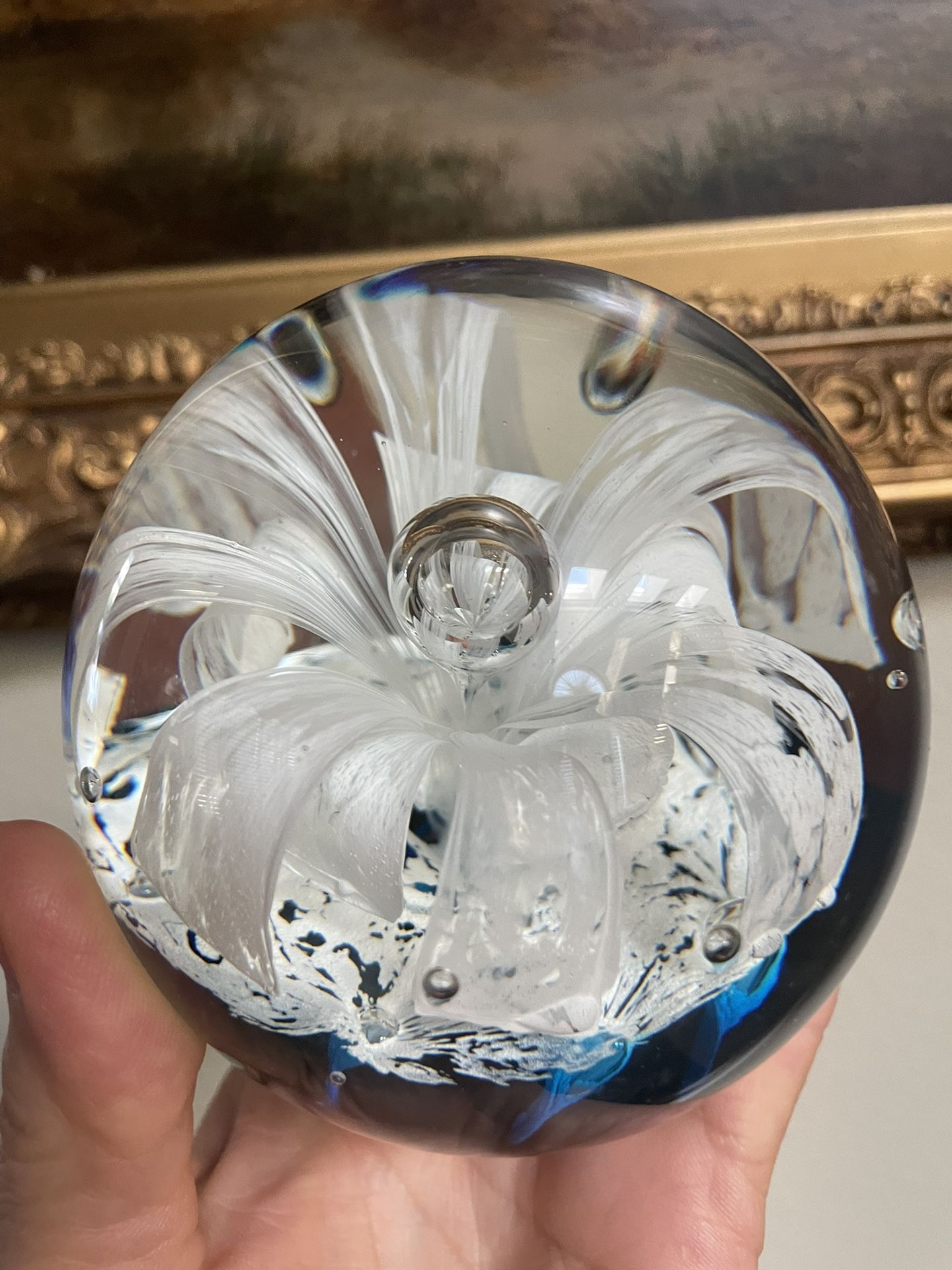 Art Glass Paperweight Large 3.5” Round Glass with White Flower Blue Ocean