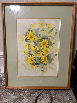 Framed Watercolor Yellow Floral Painting