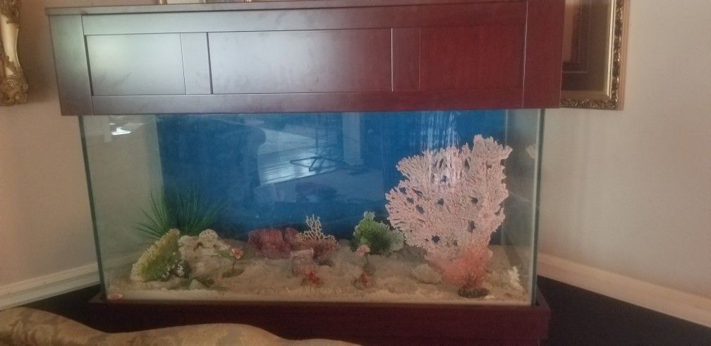90 gallon Mahogany fish tank, with huge storage cabinet at bottom..