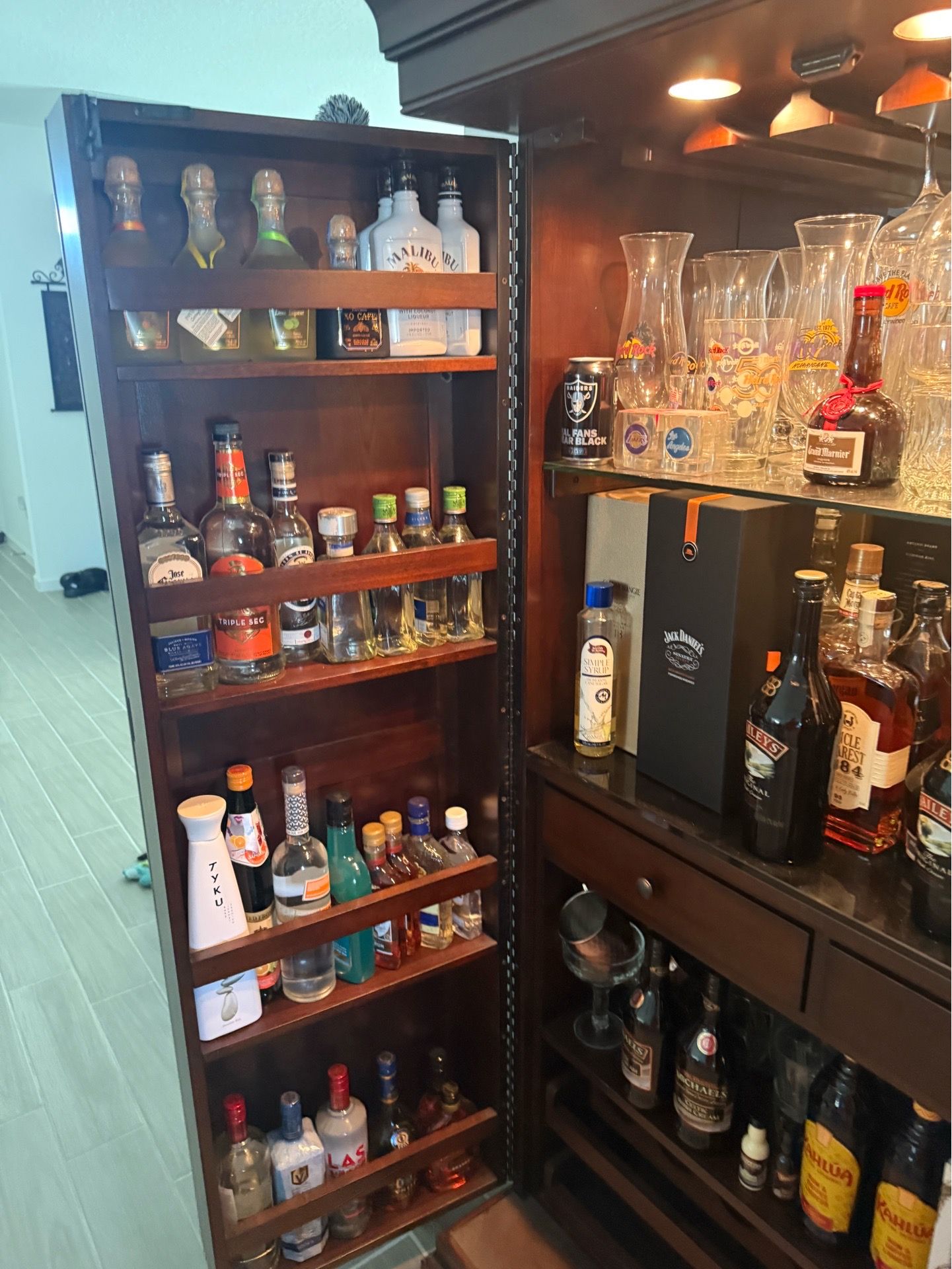 Solid wood bar with lights shelves wine rack etc