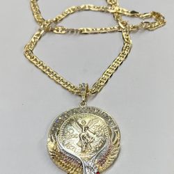 Eagle Cz Stones Bezel 50 Peso St Michael Pendant And Necklace 14k Gold Plated 