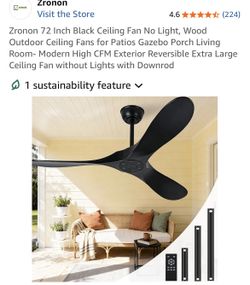  72 Inch Black Ceiling Fan No Light, Wood Outdoor Ceiling Fans for Patios Gazebo Porch Living Room- Modern High CFM Exterior Reversible Extra La