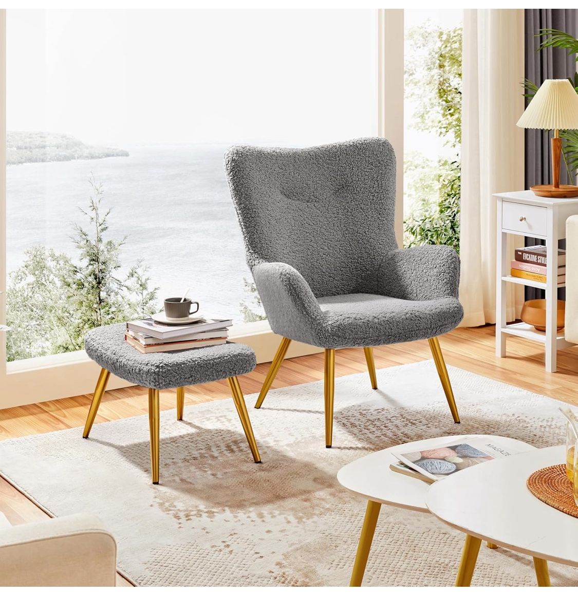 Gray Sherpa Accent Chair With Ottoman 613775
