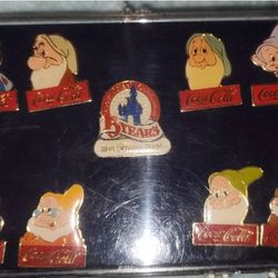 Vintage Disney World 15 Year Anniversary Pin Set Snow White & 7 Dwarfs Coca-Cola