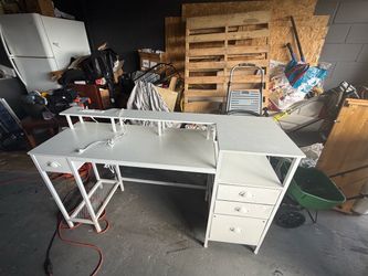 White Computer Desk with Storage Drawers w/ Adapter & Lights