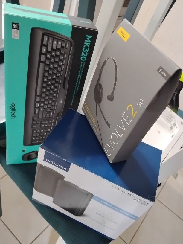 Computer Accessories (Headphones W Mic, Wireless Keyboard, & 2 Way Indoor Outdoor speakers)