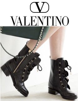 Valentino Black Ruffled Leather LaceUp Biker Combat Boots Gold Hardware US10/I40