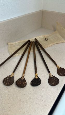 Coconut Shell Spoons Eco friendly / in a Woven bag