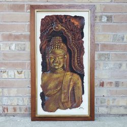 Mid Century Modern Framed Buddha Painting Vintage 