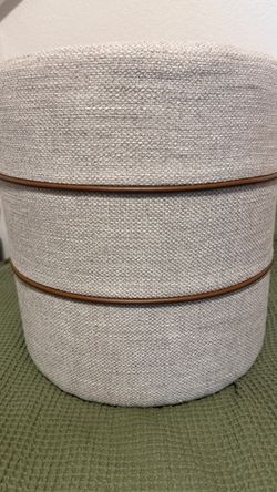Threshold  Round Upholstered Ottoman with Leather Trim