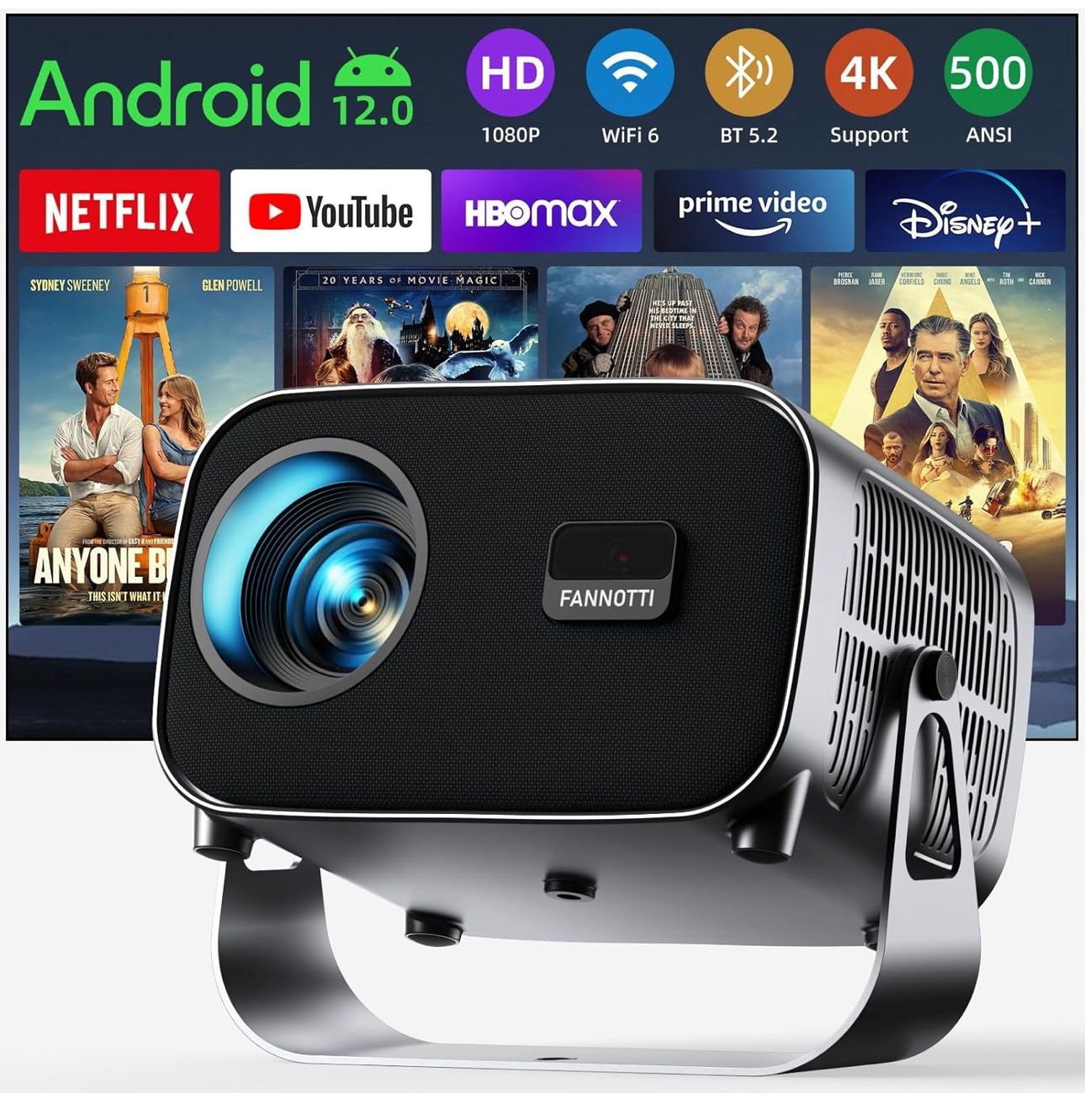 Smart Projector with WIFI and Bluetooth, 500ANSI Native 1080P Portable Projector, Auto Keystone Movie Projector for Ho