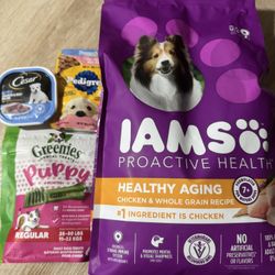 Dog Food Bundle For Sale Included: 1. IAMS 7lbs Chicken & Whole Grain Recipe 2. Cesar Chicken & Beef 3. Greenies 6ct Dental Treat 4. Pedigree All Bran