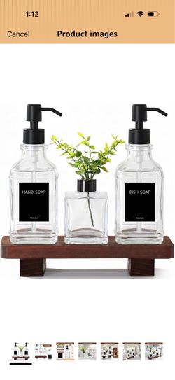 Kitchen Soap Dispenser Set with Wood Tray, Clear Glass Soap Dispenser with Pump, Decorative Hand and Dish Soap Dispenser Set, Soap and Lotion Dispense