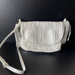 Tommy Bahama Metallic Silver/White Abaco Tasseled  Leather Crossbody Purse