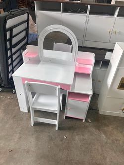 Kids Vanity with Lights, Kids Makeup Vanity with Bookshelf, Enclosed Cabinet and 3-tier Open Shelves, Little Girl Vanity Table Set with Lighted Mirror