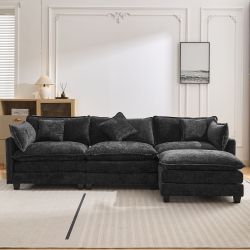 112.2 L-Shape Chenille Upholstered Sofa for Living Room Modern Luxury Sofa Couch with Ottoman and 5 Pillows for Living Room (SG001160AA), Black