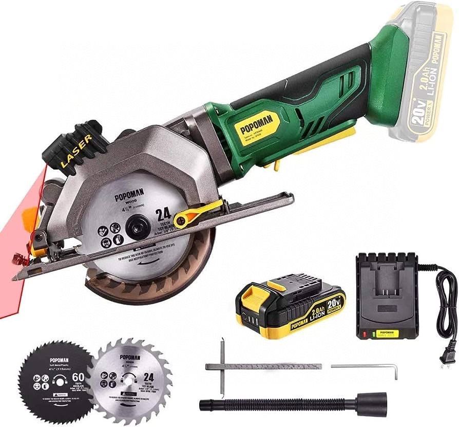 Cordless Circular Saw, POPOMAN 20V 4-1/2" Mini Circular Saw with 2.0Ah Battery, 1H Fast Charger, 9.5'' Base Plate, Laser Guide