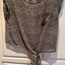 Forever 21 Taupe and Black Leopard Tie-Front Top Blouse Size L cuff sleeves