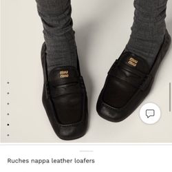 Mui Mui Black NAppa Leather Penny Loafers With Gold Logo Size 41 