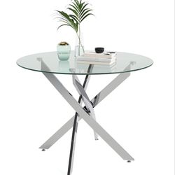 Round Tempered Glass Dining Table for 2-4 with Chromed Legs