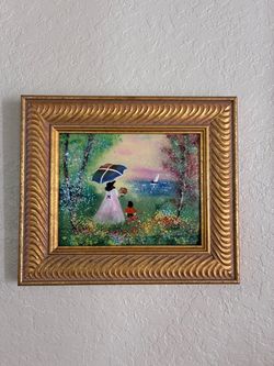 Signed Louis Cardin Framed Garden Scene Painting Gold Frame enamel on copper