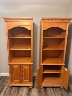 Pair of Pine Wood Bookcases with Cabinet