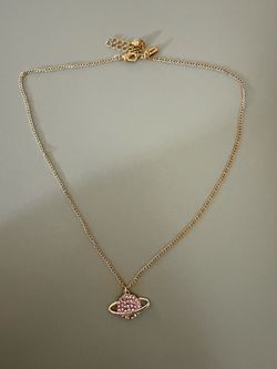 BFF Gold Tone Pink Rhinestone Planet Saturn Necklace