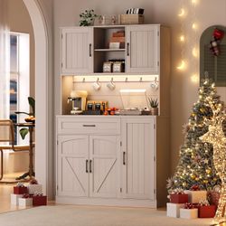 71" Pantry Cabinet, Kitchen Pantry Storage Cabinet with LED Light & Outlet, Kitchen Hutch with Microwave Shelf & 6 Hooks, Door Shelves & Drawer & Adju