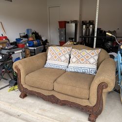 Antique Wooden Base Loveseat Couch (If listing is up it’s available)