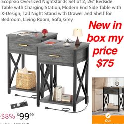 New in box Ecoprsio Oversized Nightstands Set of 2, 26" Bedside Table with Charging Station, Modern End Side Table with X-Design, Tall Night Stand wit