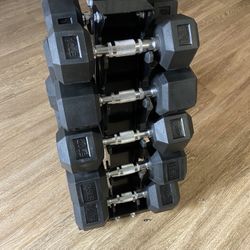 Brand New Hex Rubber Coated dumbbells- 10’s/15’s/20’s/25’s/30’s w/ weight rack
