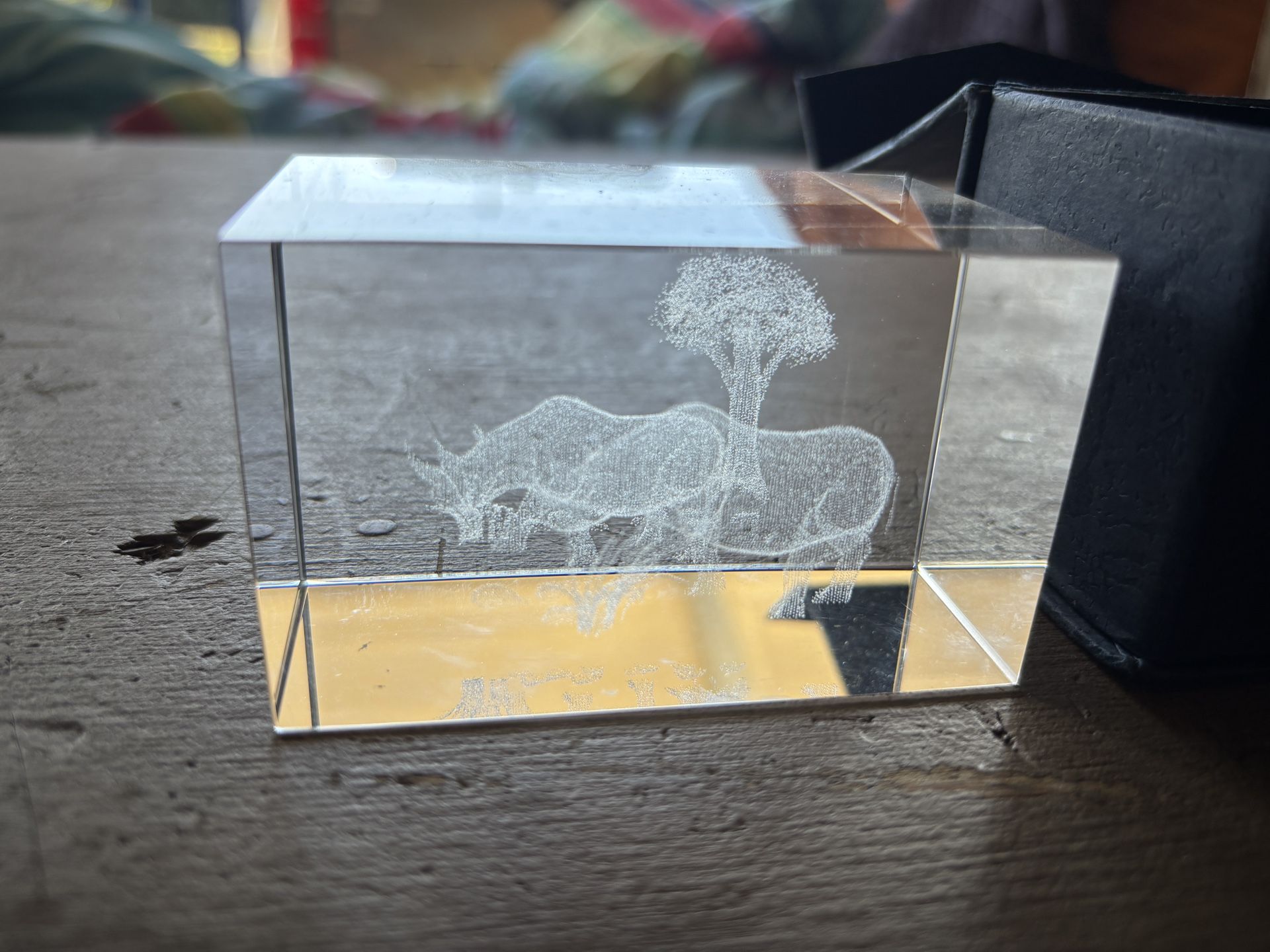Laser Etched Glass Rhino Paperweight