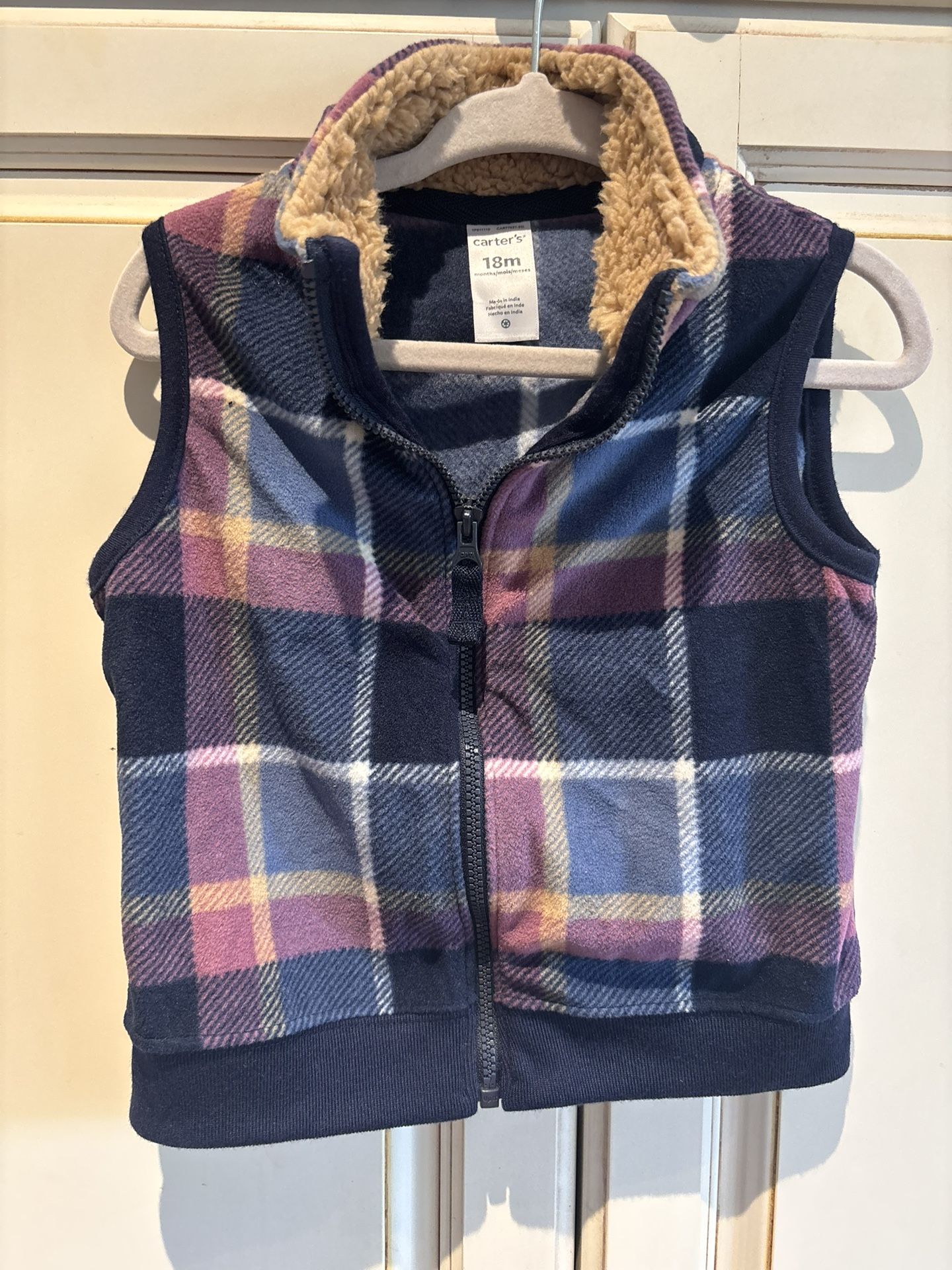 Carter’s Vest size 18M checkered zipper front fleece fabric & sherling collar