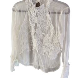 Vintage GA seasons white Lace Sheer blouse ruffled high neck Top size small Beautiful sheer top with intricate white lace detailing. Perfect for a sop
