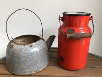 Vintage Enamel Covered Metal Silver Tea Kettle and Red Milk Can. Milk can holds 4 liters.
