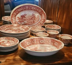 Vintage 28-Piece Pink/Red Transferware Dinnerware Set - Made in Japan