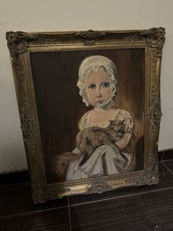 Antique Folk Art Women With Cat Painting With ornate Frame 