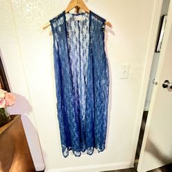 Lularoe Joy Long Lace Vest Duster  Size L Blue Cardigan Floral Flower Sleeveless