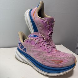 HOKA One One Clifton 9 Women’s Size 8D Pink Blue Running Shoes Sneakers Comfort