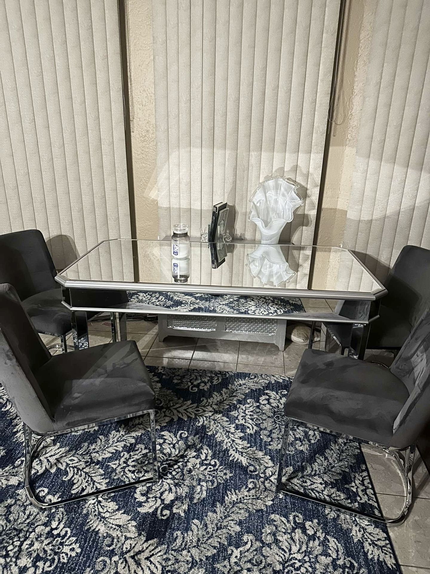 Glass Mirror Table With 4 Chairs Dining Room Kitchen 