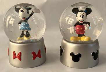 Lot-2 Disney Mickey Mouse & Minnie Small Glitter Snow Globe Set By Enesco Rare